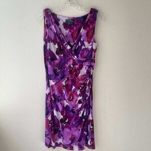 Lauren Ralph Lauren Floral Ruched Sheath Dress Purple Pink White Size 10